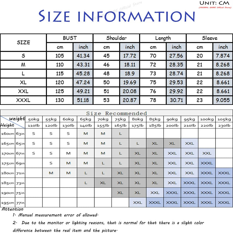 Size chart for men's summer polo shirts showing measurements for various sizes and weight recommendations