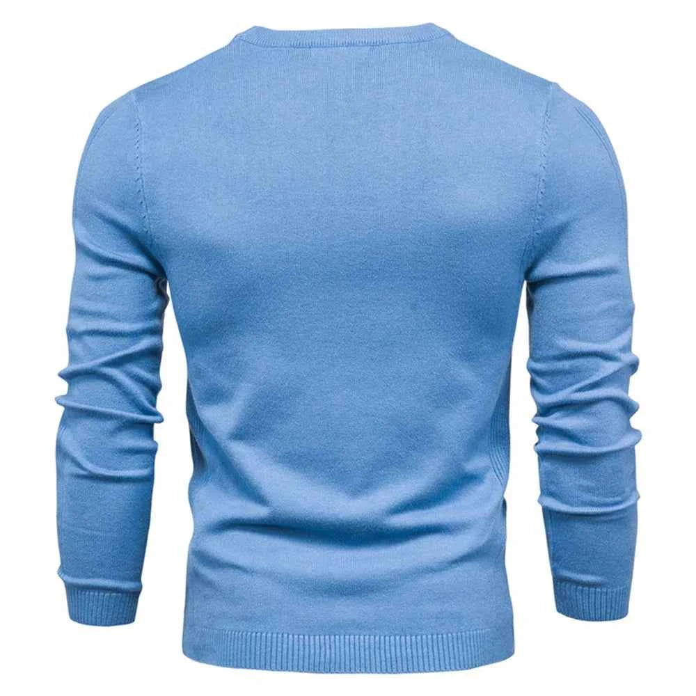 Back view of a light blue men's winter pullover sweater by VaultHaus with long sleeves