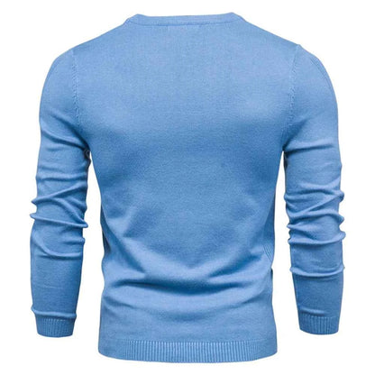 Back view of a light blue men's winter pullover sweater by VaultHaus with long sleeves