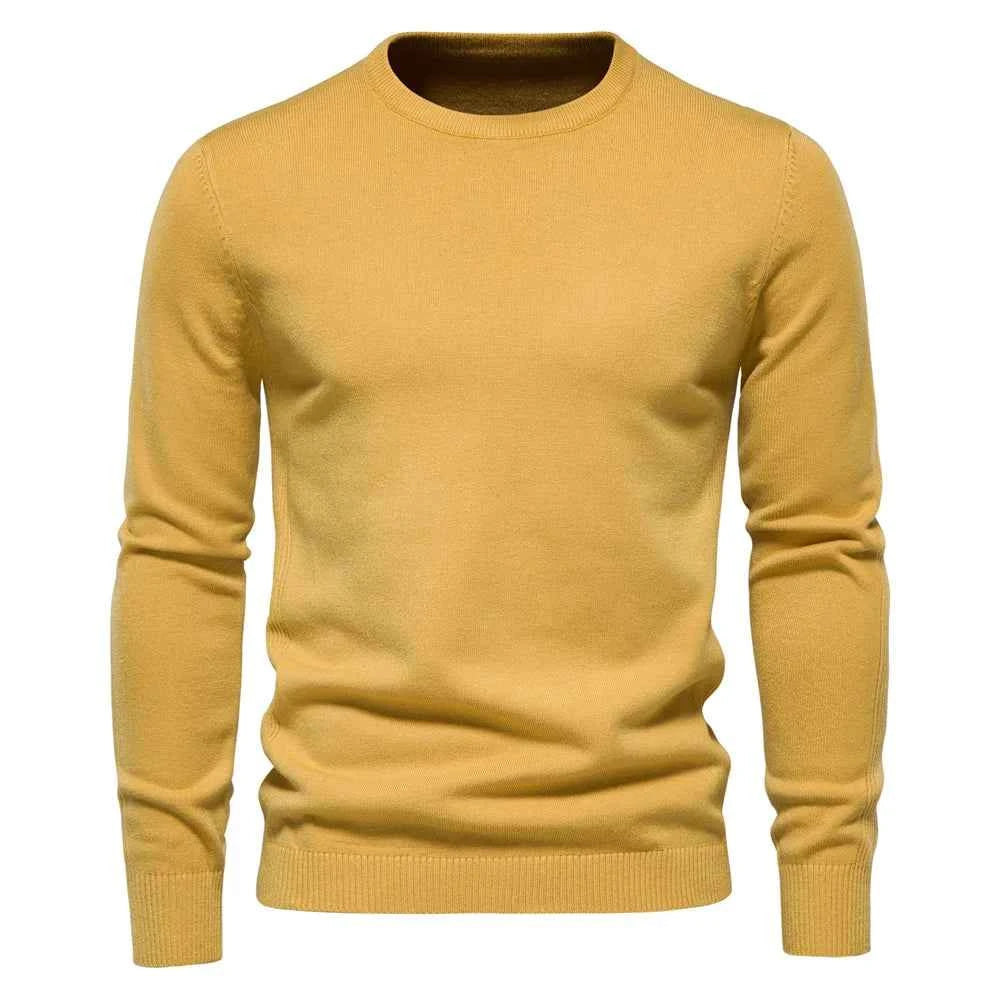 VaultHaus men's winter pullover sweater in mustard yellow, featuring a classic crew neck and long sleeves