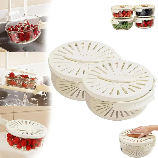 VaultHaus multi-function fruit and vegetable strainer basket with white lid draining tomatoes and berries