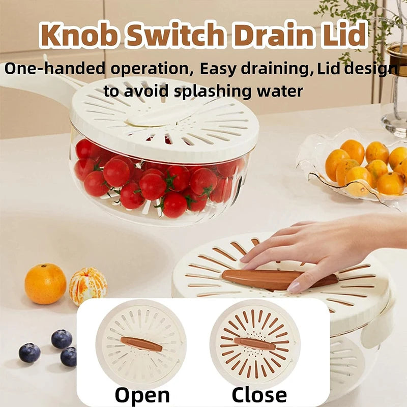VaultHaus multi-function fruit and vegetable strainer basket with knob switch drain lid for easy draining and splash prevention