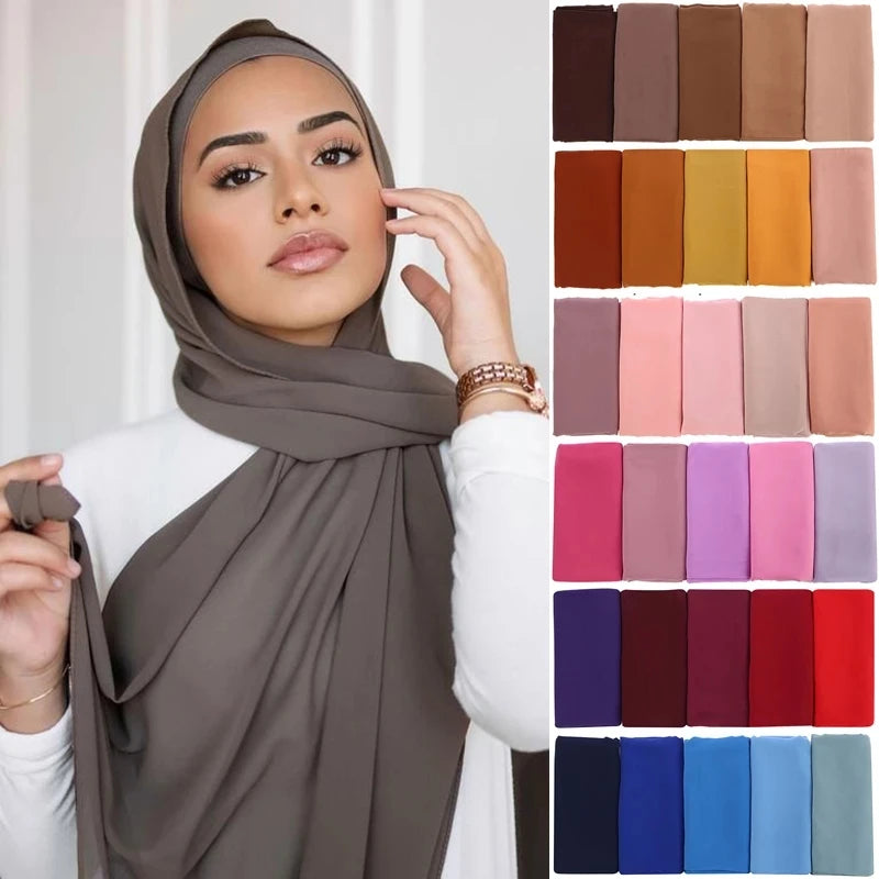 Muslim chiffon hijab scarf displayed in various colours on a model with a stylish look