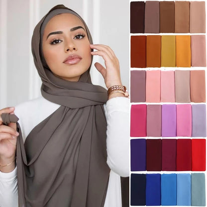 Muslim chiffon hijab scarf displayed in various colours on a model with a stylish look
