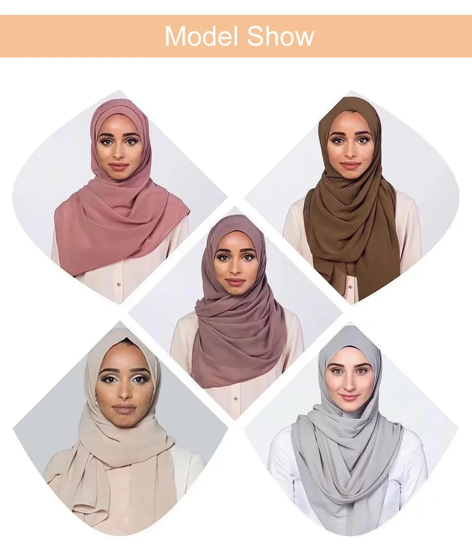 Collection of Muslim chiffon hijab scarves in various colours on models for stylish headwear options
