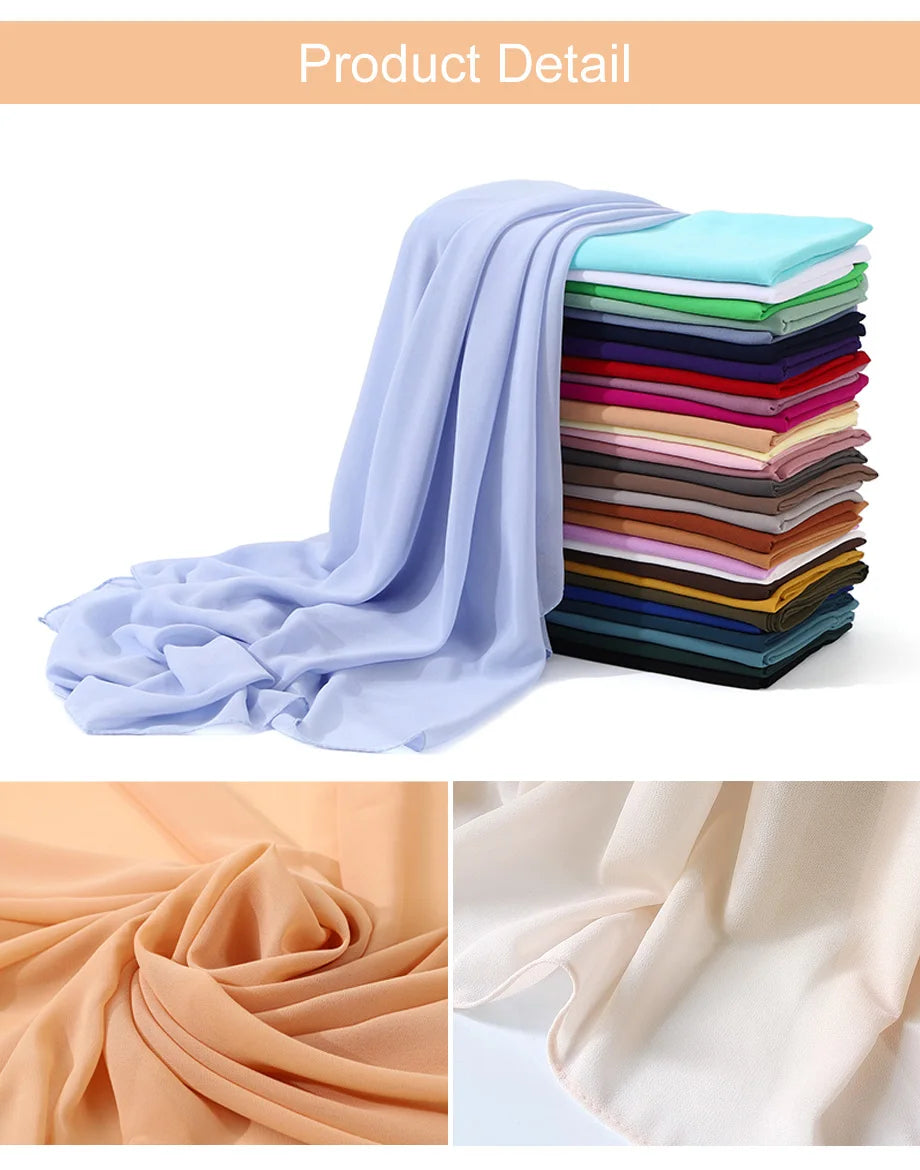 Colourful Muslim chiffon hijab scarf collection displayed in soft, lightweight fabric