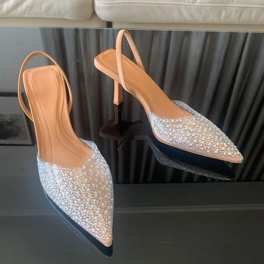 Elegant pearls summer slingback high heels with pointed toes and a transparent upper design