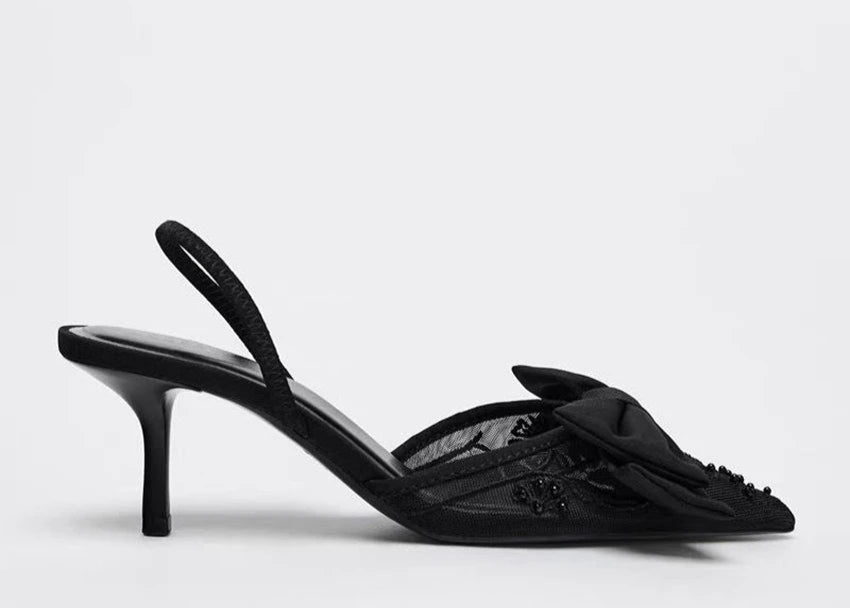 Black mesh embroidered high heels with bow featuring delicate detailing and elegant design