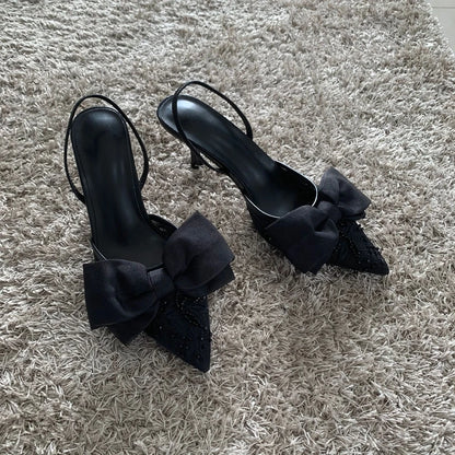 Black mesh embroidered high heels with bow designed for stylish occasions and elegant outfits