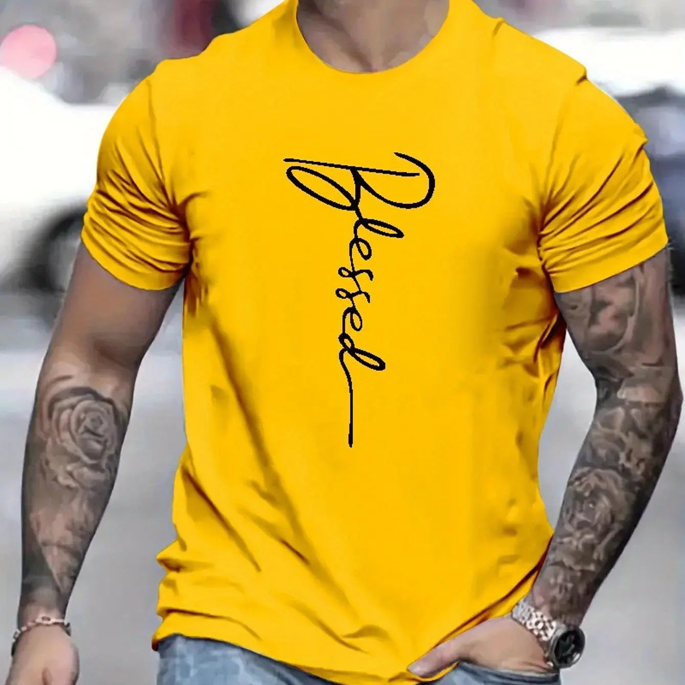 Men's cotton oversized t-shirt in bright yellow with a stylish 'Blessed' print