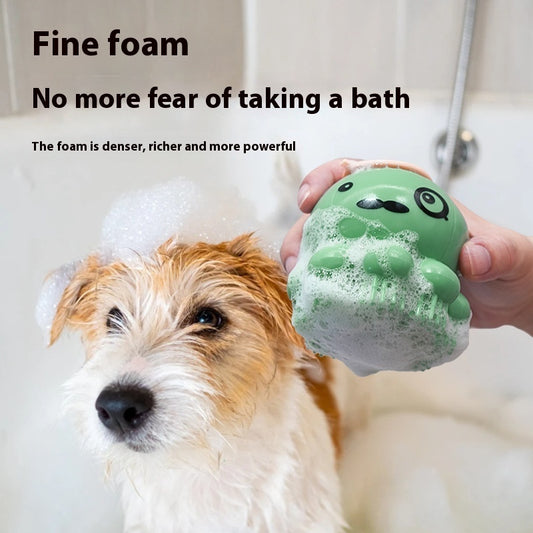 VaultHaus Dog Silicone Shower Brush green octopus scrubber creating rich foam on small white and brown dog in bathtub