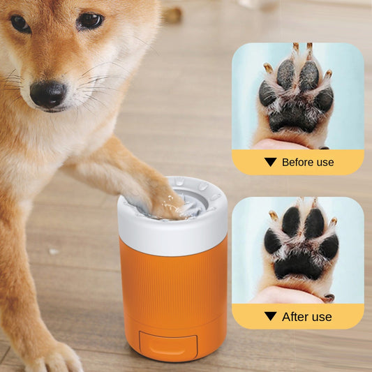 Dog using eprolo pet foot washing cup with before and after clean paw comparison