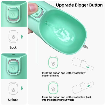 VaultHaus Portable Dog Water Bottle in mint green with upgraded bigger button for easy water flow control