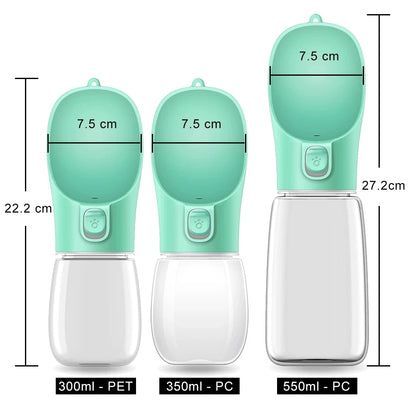 VaultHaus Portable Dog Water Bottle in three sizes with measurements for easy pet hydration