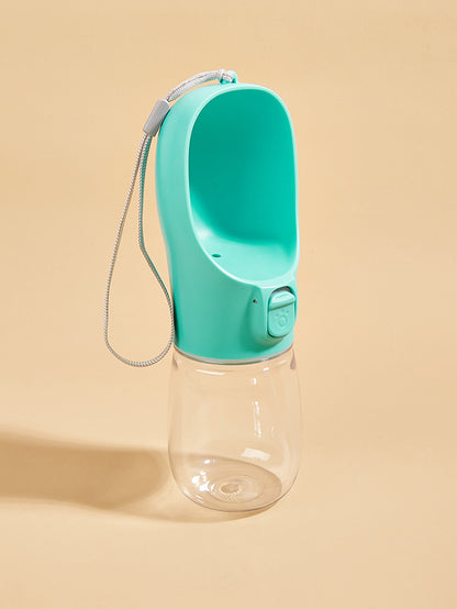 VaultHaus portable dog water bottle in teal with attached carrying strap for pet hydration on the go