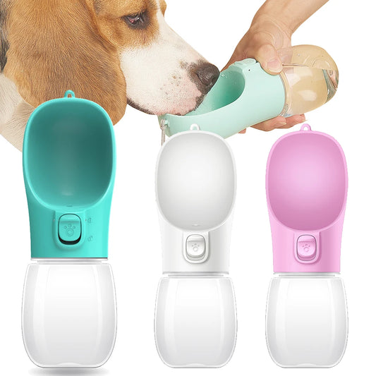 VaultHaus Portable Dog Water Bottle in teal white and pink colors for travel hydration
