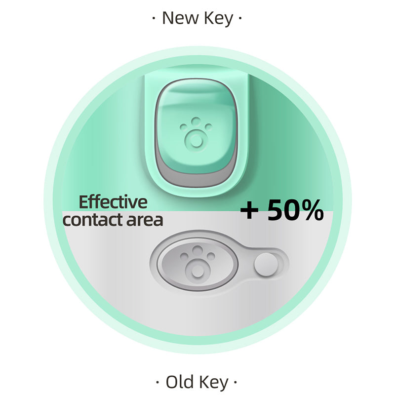 Comparison of new and old key designs for VaultHaus Portable Dog Water Bottle showing 50 percent more effective contact area