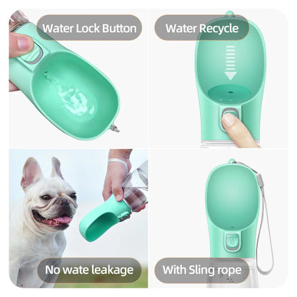 VaultHaus portable dog water bottle in green with water lock button, water recycle feature, and sling rope