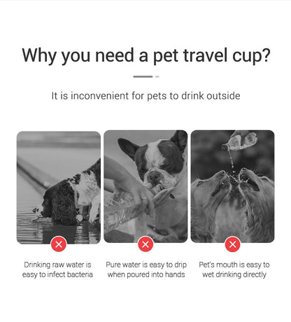 Images showing the challenges of giving pets water outside, promoting a portable dog water bottle for convenience
