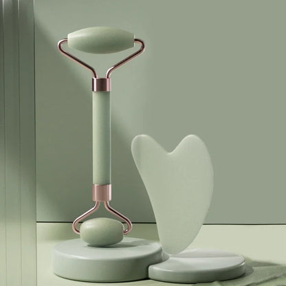 2Pcs Roller Guasha Board Resin Scraper Facial Massager in Green with Rose Gold Accents for Skincare
