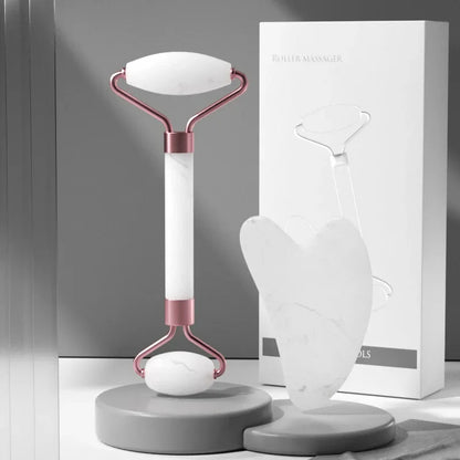 2Pcs Roller Guasha Board Resin Scraper Facial Massager in elegant white and pink design with packaging