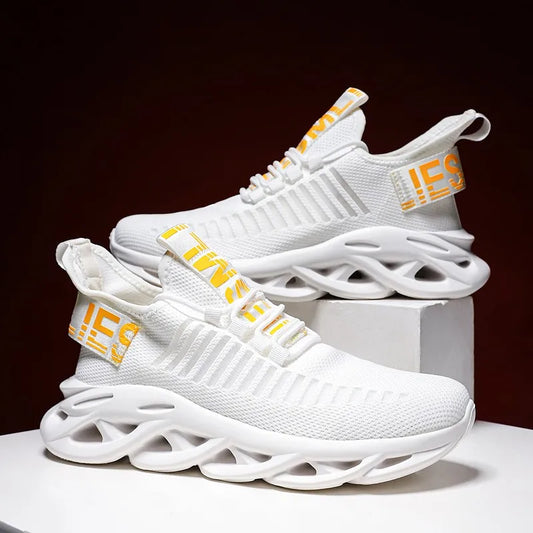 VaultHaus comfortable unisex running shoes in white with breathable knit upper and unique sole design..