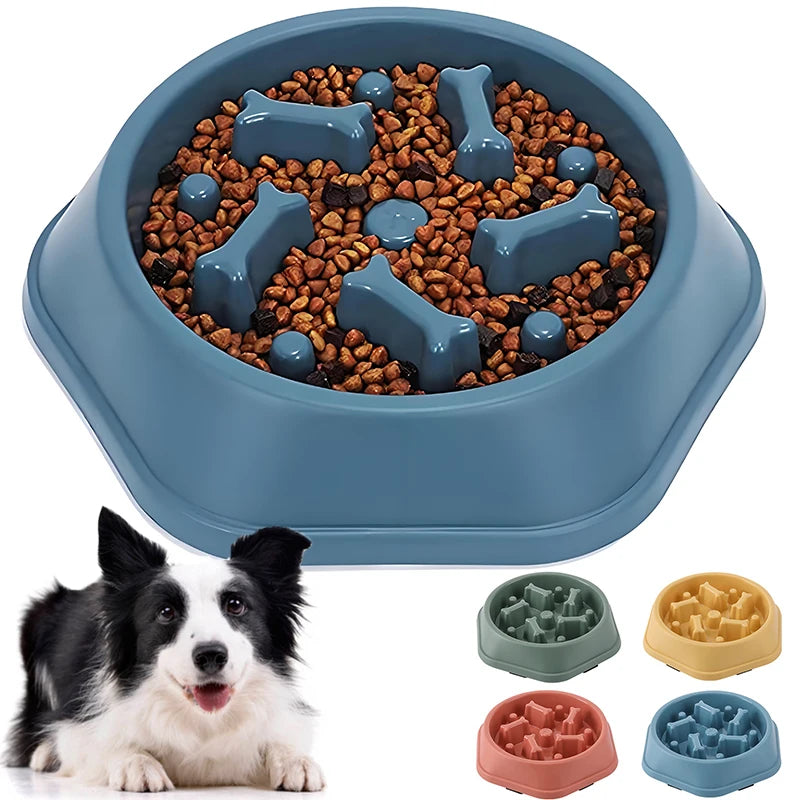 VaultHaus slow feeder Anti-choking dog bowl in blue with dog-shaped designs for safe eating