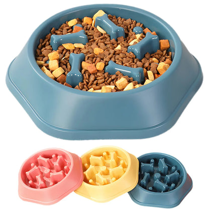 VaultHaus slow feeder Anti-choking dog bowl with fun bone-shaped structures and kibble