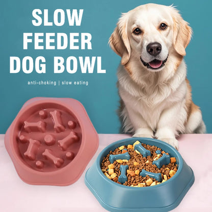 Slow feeder Anti-choking dog bowl in pink and blue, promoting slow eating for pets