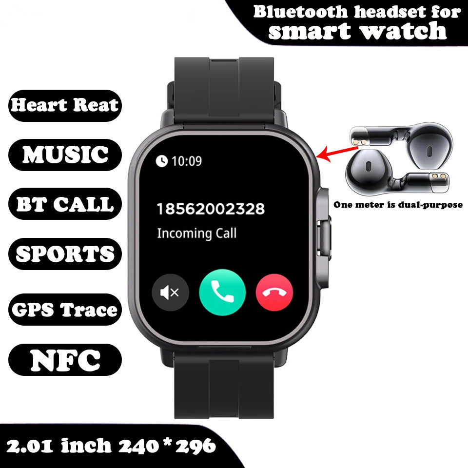 VaultHaus smartwatch with built-in earbuds showing incoming call and black strap with fitness features