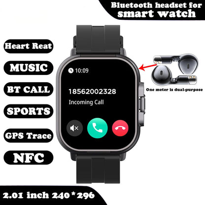 VaultHaus smartwatch with built-in earbuds showing incoming call and black strap with fitness features