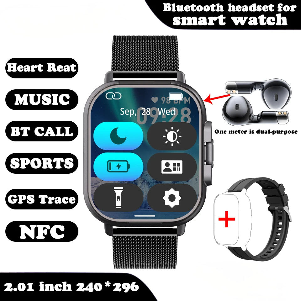 VaultHaus smartwatch with built-in earbuds featuring heart rate, music, call, sports, GPS, and NFC functions