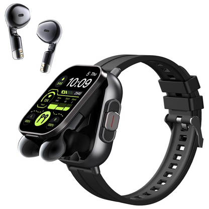 VaultHaus smartwatch with built-in earbuds in black with touchscreen display and wireless earbuds