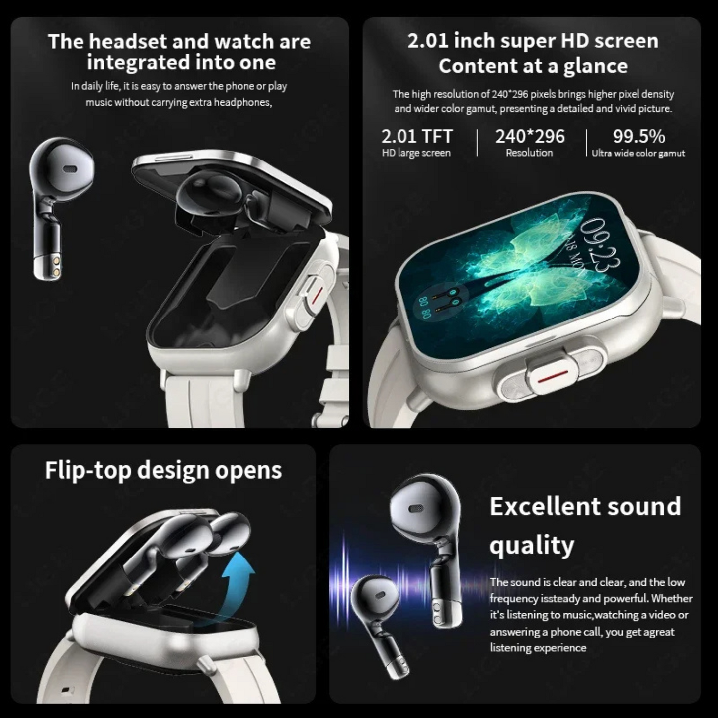 VaultHaus smartwatch with built-in earbuds featuring flip-top design, 2.01 inch super HD screen, and excellent sound quality