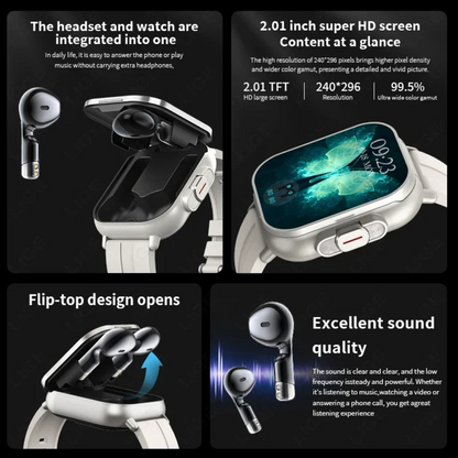 VaultHaus smartwatch with built-in earbuds featuring flip-top design, 2.01 inch super HD screen, and excellent sound quality