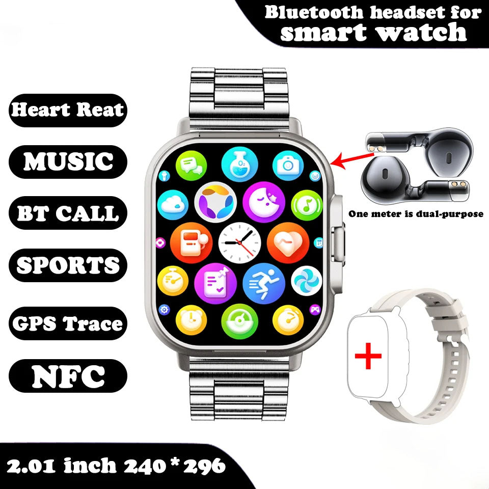 VaultHaus smartwatch with built-in earbuds metal band touchscreen GPS trace and heart rate monitor