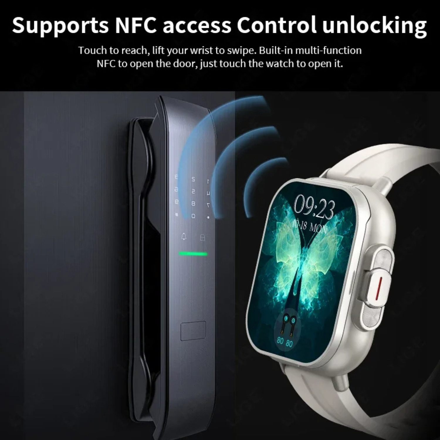 VaultHaus smartwatch with built-in earbuds showing NFC access control unlocking a door