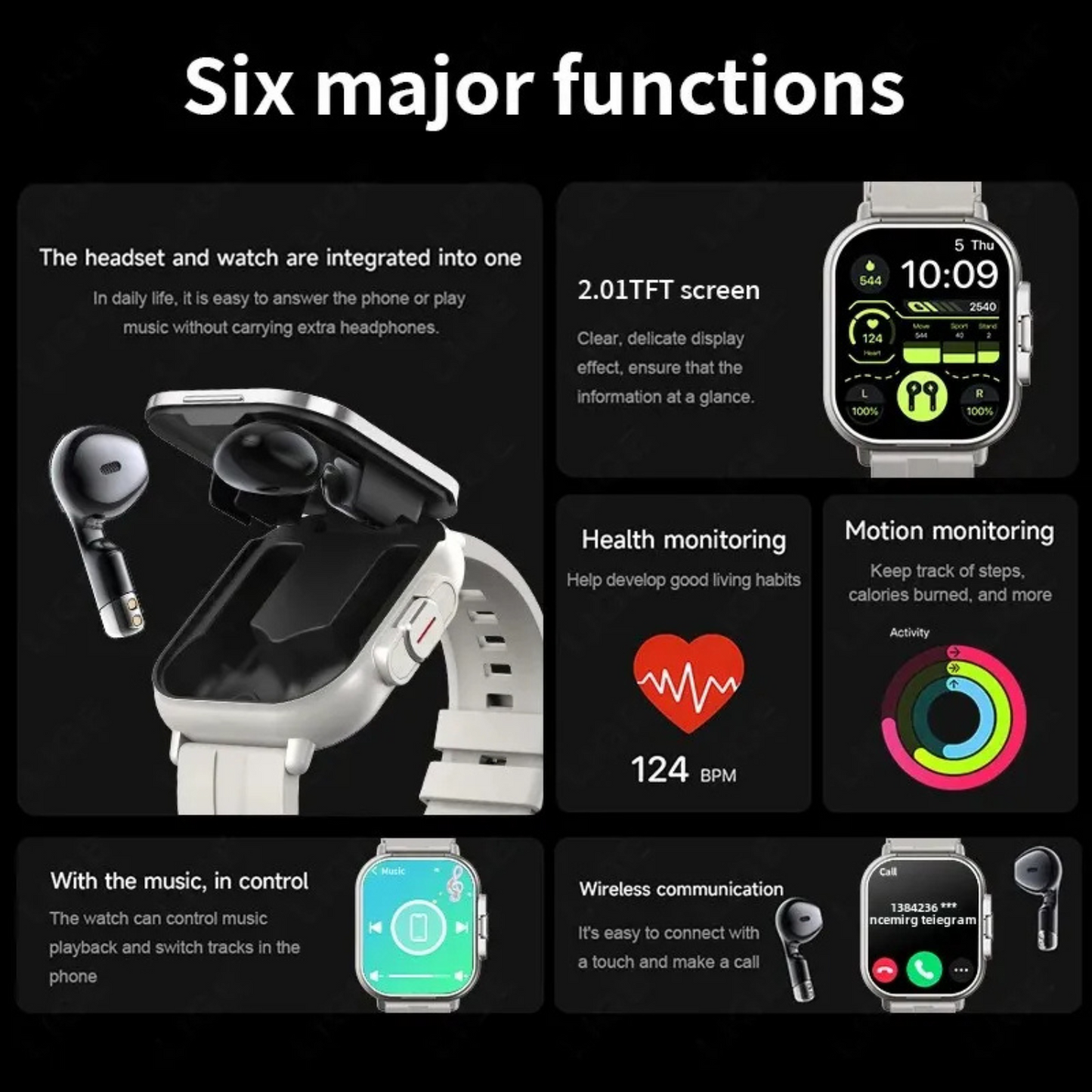 VaultHaus smartwatch with built-in earbuds showcasing six functions including health monitoring and wireless communication