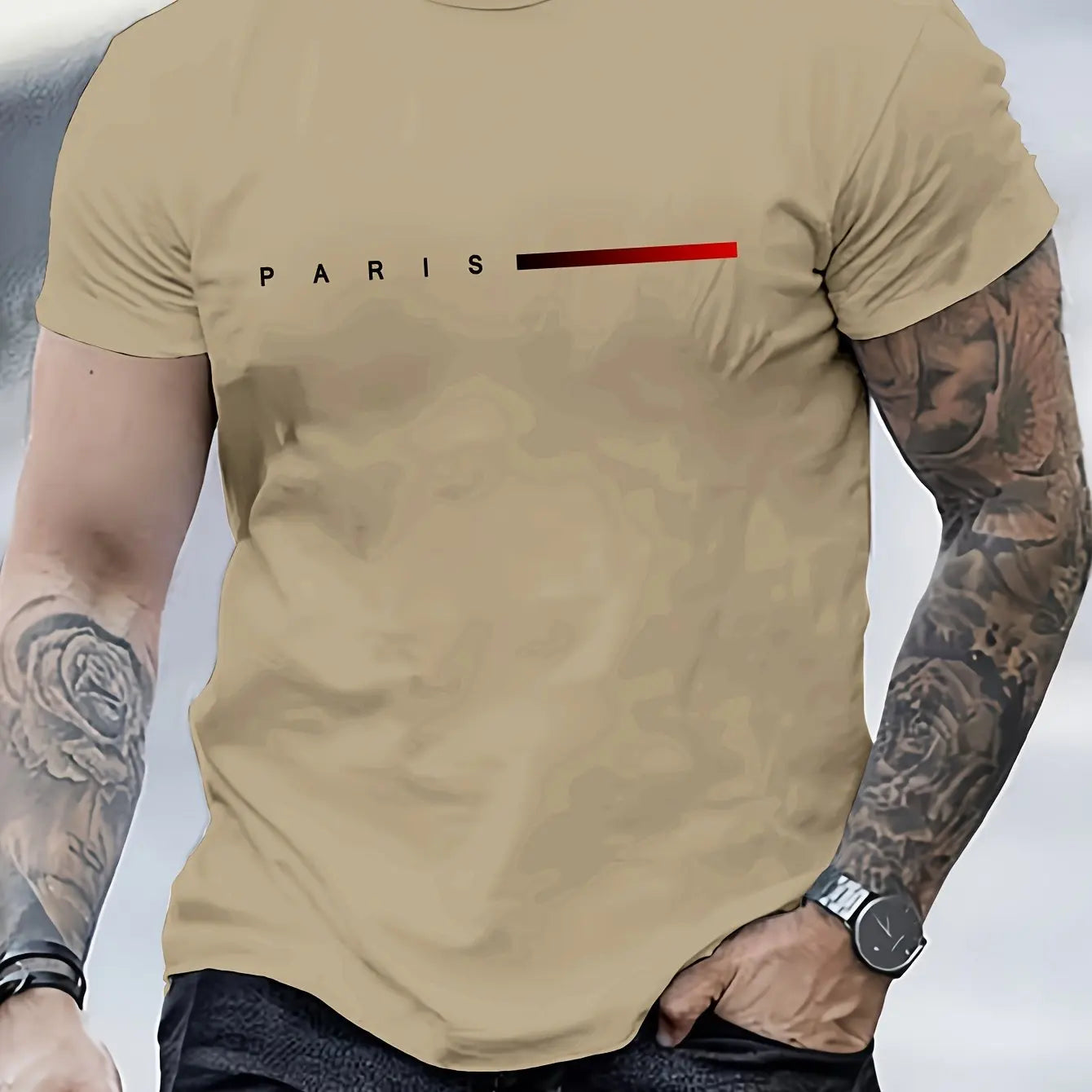 VaultHaus summer cotton slim fit tee in beige with Paris graphic design for casual style