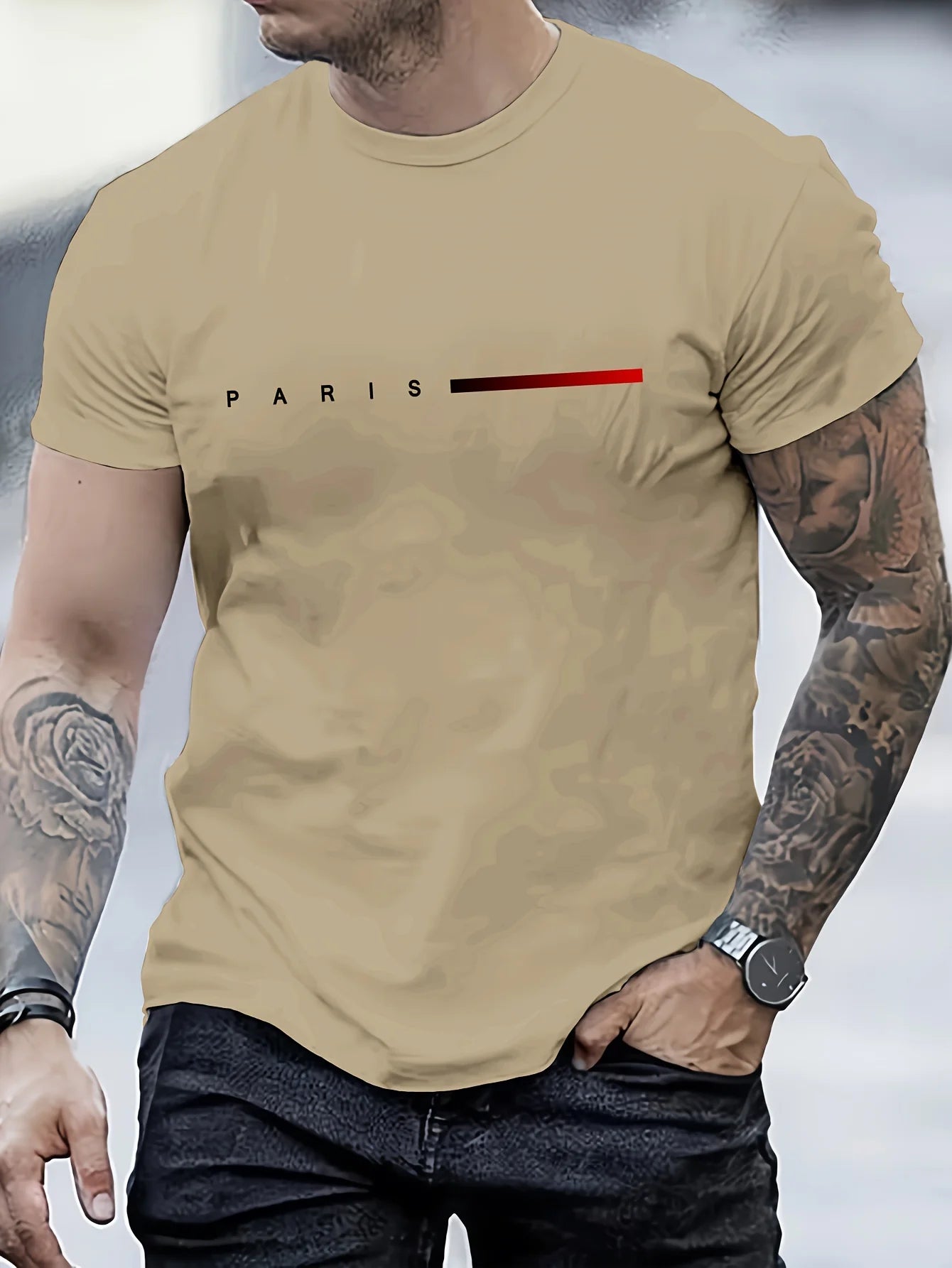 VaultHaus summer cotton slim fit tee in beige with stylish Paris graphic for casual wear