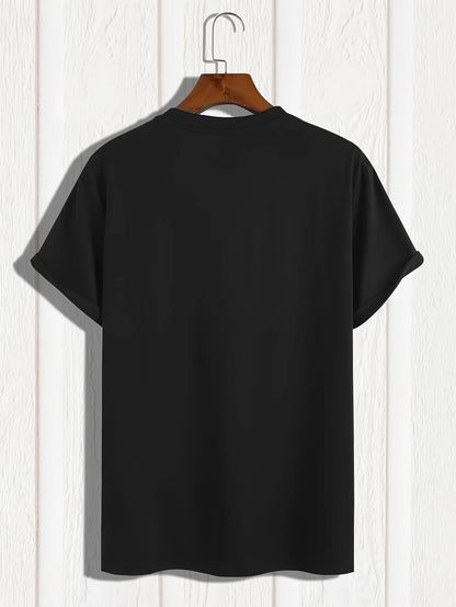 Back view of a black summer cotton slim fit tee hanging on a wooden hanger