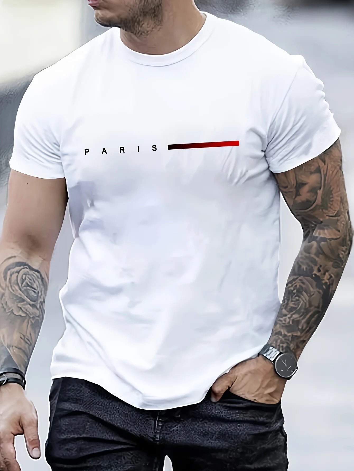 VaultHaus summer cotton slim fit tee in white featuring a stylish 'PARIS' graphic