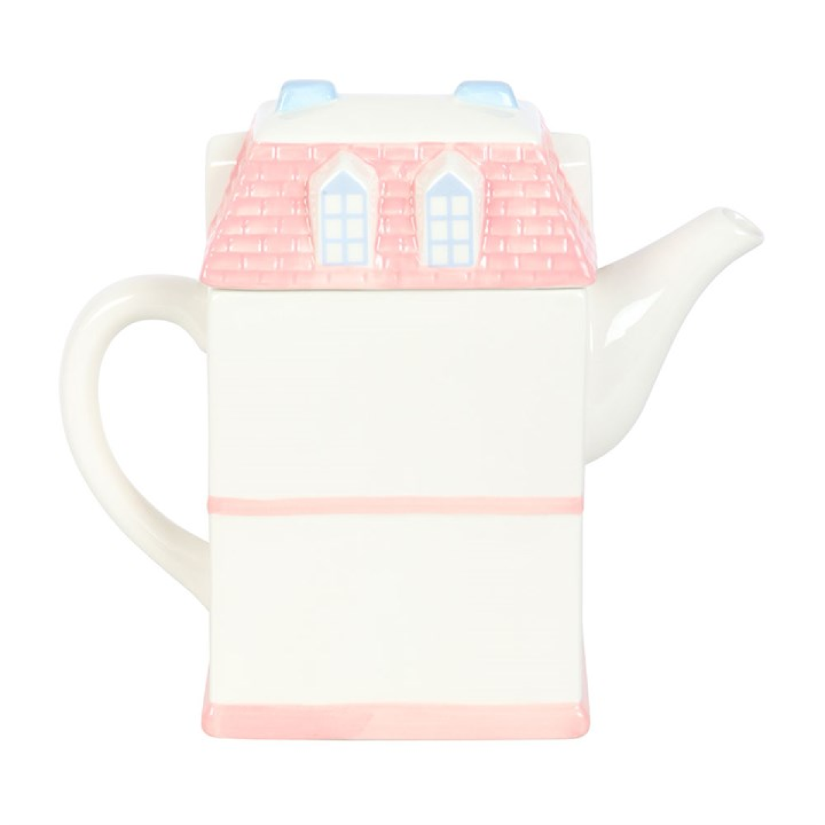 Charming ceramic tea pot shaped like a house with pink roof and decorative windows