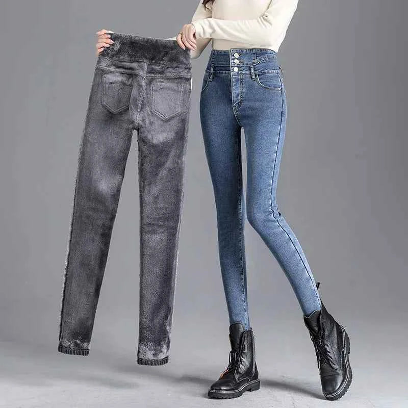 Thermal Fleece Lined Skinny Jeans Women - High Waist