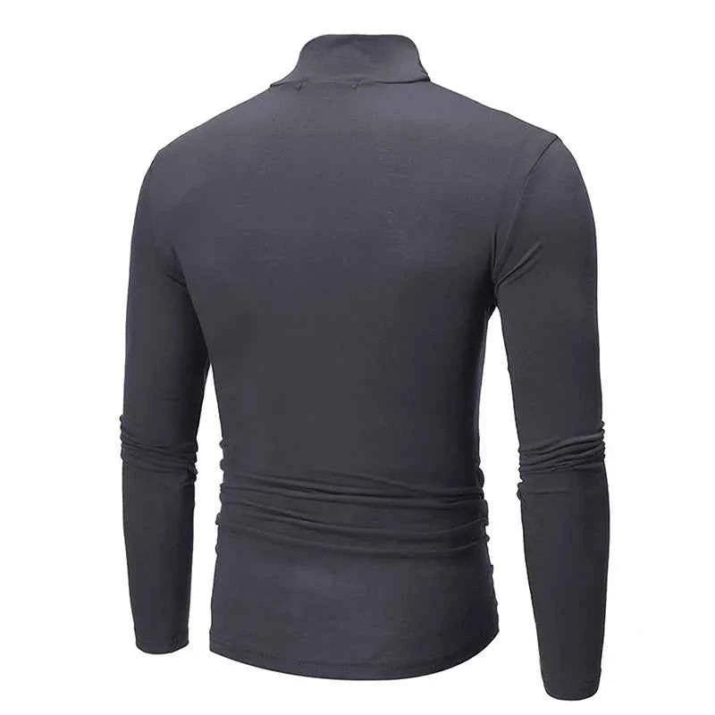 Back view of thin lightweight men's thermal top in dark grey for comfort and layering