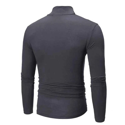 Back view of thin lightweight men's thermal top in dark grey for comfort and layering