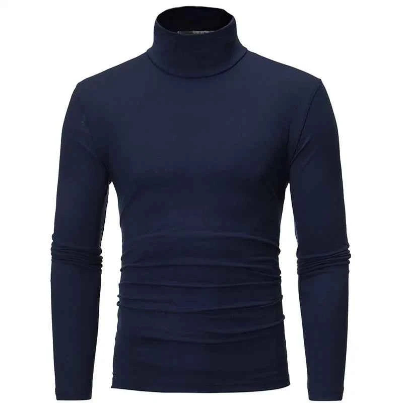 Navy blue thin lightweight men's thermal top with a stylish roll neck design for added warmth