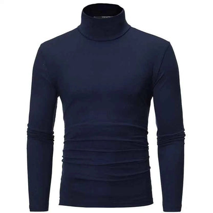 Navy blue thin lightweight men's thermal top with a stylish roll neck design for added warmth