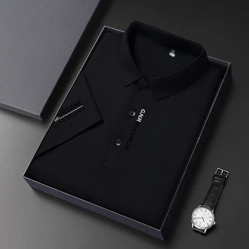 Black short sleeve solid colour polo for men neatly packaged in a gift box with a stylish watch