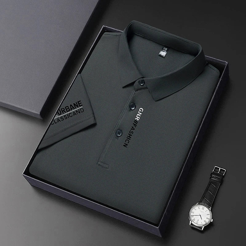 VaultHaus short sleeve solid colour polo for men in black, neatly packaged with a watch